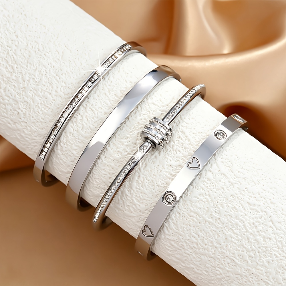 Women's Stackable Stainless Steel Bangle Set with Heart Pattern